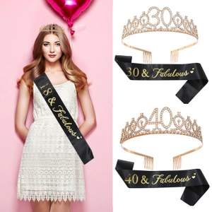 Detail of rose gold rhinestone tiara and black gold-stamped birthday girl party sash