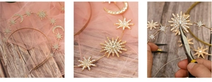 Macro detail of sun and moon crown headband showing golden stars and moons with crystals
