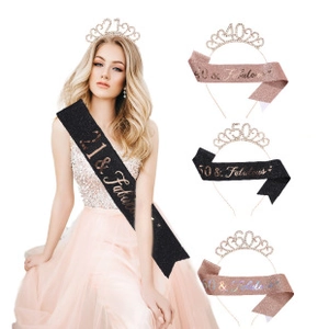 Birthday party set with rose gold rhinestone tiara and glitter sash for various ages