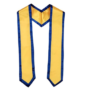 Golden yellow graduation honor stole with shiny navy blue satin trim and pointed ends