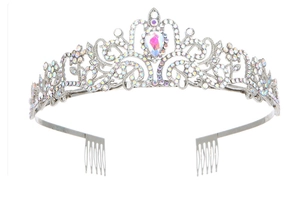 Detail of silver alloy tiara with sparkling rhinestones and rainbow AB teardrop crystal
