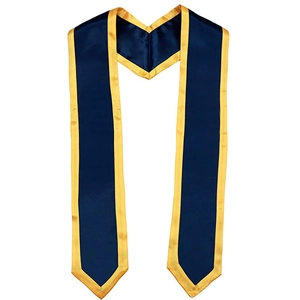Detail of navy blue graduation stole with golden satin trim and V-shaped neck design