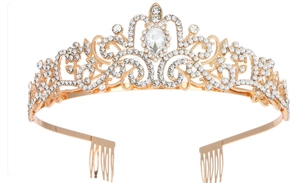 Detail of gold crown with water-drop crystals and side combs for secure hair styling