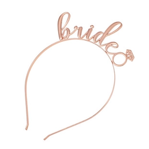 Rose gold Bride to Be headband featuring a diamond ring detail for bridal shower parties