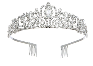 Detail of silver bridal tiara with sparkling crystal rhinestones and dual side combs