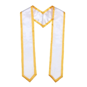 Detail of white satin graduation stole with golden ribbon trim and V-neckline shape
