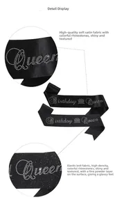 Détails de l'écharpe d'anniversaire en satin noir et paillettes avec lettrage strass