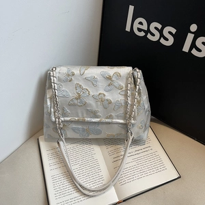 Women National Style Butterfly Embroidery Nylon Shoulder Bag Large Capacity Leisure Underarm Tote Chain Strap Handbag