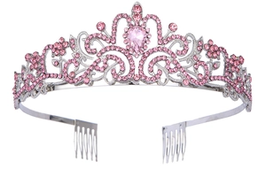 Detail of silver alloy tiara with pink crystals and drop-shaped main stone decor