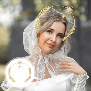 Detailed macro view of the golden celestial halo crown featuring leaf motifs and pearls