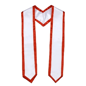 Detail of white satin graduation stole with red trim featuring a V-neck back and pointed ends