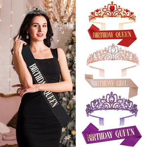 Birthday Queen Rhinestone Tiara With Glitter Sash Rose Gold Party Accessories Crown For Women Girls Celebration Headpiece
