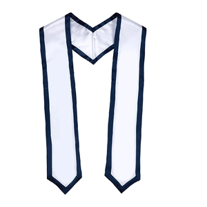 Detailed close-up of white satin graduation stole with navy blue border edges and glossy finish
