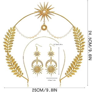 Baroque sun goddess crown and earrings set with dimensions in gold finish with pearls