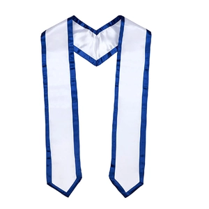 Close-up of white satin graduation stole featuring elegant navy blue silk piped edges