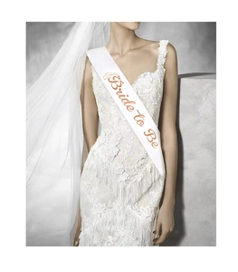 White satin Bride to Be sash with rose gold lettering for bachelorette party accessories