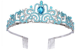 Detailed view of silver crystal tiara featuring blue teardrop stones and side hair combs