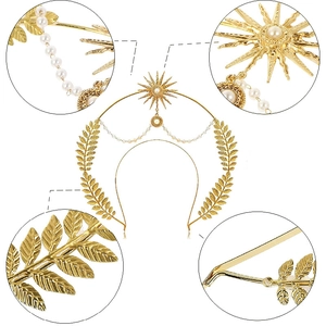 Detailansicht des goldenen Sonnen-Halo-Haarreifs mit Perlen und Metall-Weizenblättern