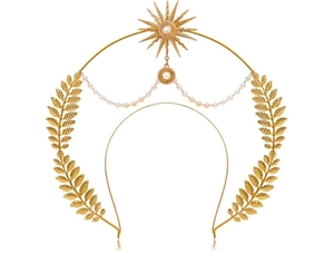 Detail of golden halo crown featuring sunburst motifs and delicate hanging pearl chains