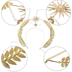 Detail of golden laurel leaf crown with celestial sunburst and faux pearl accents