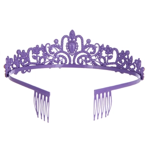 Detailed view of a purple plastic tiara with floral cutouts and integrated side hair combs