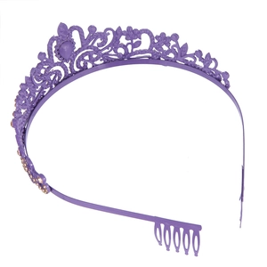Detailed view of purple floral tiara featuring hollow patterns and sparkling rhinestones