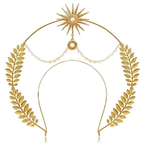 Gouden boho halo-kroon met zonnestralen, lauwerbladen en parels in Griekse godinstijl