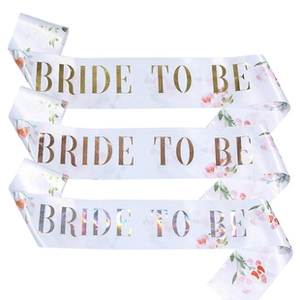 Detailed set of three Bride To Be satin sashes in gold, rose gold, and iridescent silver