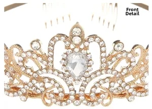 Front detail of a luxury crystal crown with gold metal and pear-shaped center stone