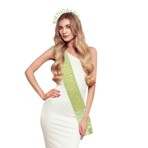 Close-up of mint green Birthday Girl sash and matching letter headband set on a model