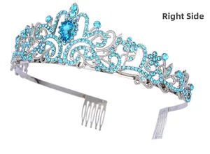 Right side view of silver alloy crown with blue crystals and floral镂空 patterns