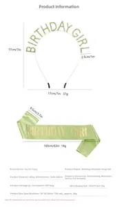 Detailed dimensions of the green Birthday Girl headband and satin sash set