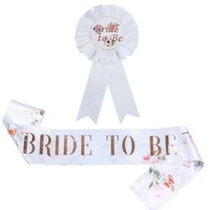 Floral Bride to Be sash and rosette badge set with rose gold script for bachelorette parties
