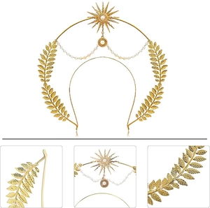 Barocke goldene Sonnenkrone mit Lorbeerblättern und hängenden Perlen auf weißem Grund