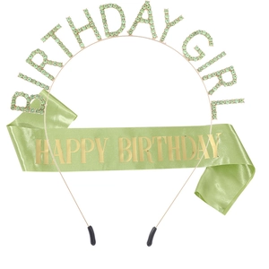 Green Birthday Girl headband set with crystal tiara and satin sash party accessories
