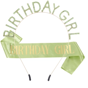 Green Birthday Girl set with rhinestone headband and satin sash for party celebrations