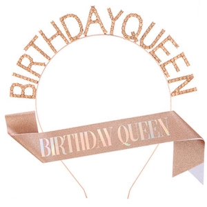 Detailed shot of rose gold Birthday Queen headband and glitter sash party set