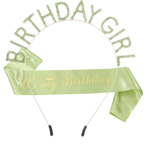 Green BIRTHDAY GIRL rhinestone headband set with matching satin sash for parties