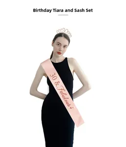 Detail of rose gold 30th birthday tiara and pink sash with 30 and Fabulous lettering