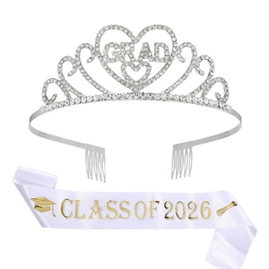 Ensemble couronne GRAD en strass argentés et écharpe en satin Class of 2026 pour diplôme