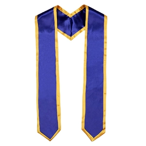 Royal blue graduation stole with gold trim made of glossy satin in a V-shaped design