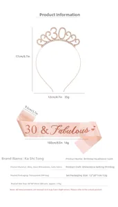 Detailed view of 30th birthday set with rose gold rhinestone tiara and satin sash