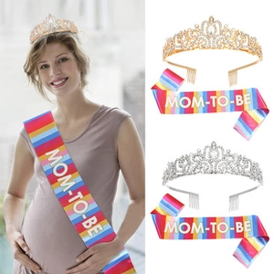 Rainbow Mom-To-Be sash and rhinestone tiara set for baby shower and pregnancy parties