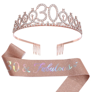 Tiara Couronne en Alliage de Strass et Écharpe Combo Birthday Girl Or Rose Numérotée Âge Coiffure de Fête Pour Femmes Célébration