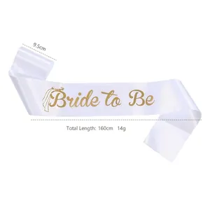 White satin Bride to Be sash with gold foil lettering for bachelorette wedding parties