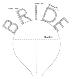 Detail view of crystal Bride headband showing 19cm height and 14cm width dimensions