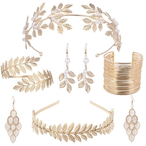 Detailed set of gold leaf bridal accessories including headband, armlet and earrings