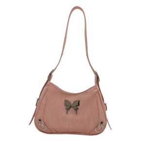 Sac hobo rose en cuir PU avec papillon en métal argenté et bandoulière élégante
