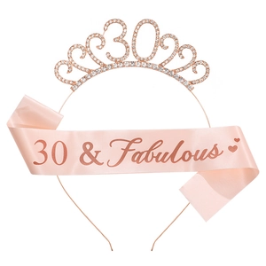 Rose gold 30th birthday crown and pink sash set with glittery 30 and Fabulous text