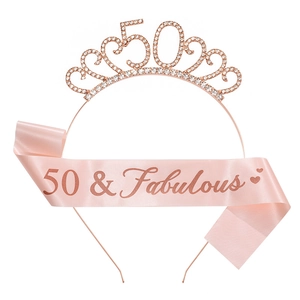 Rose gold 50th birthday party set with rhinestone tiara and 50 & Fabulous satin sash